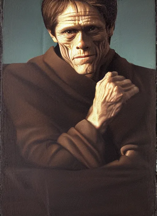 Image similar to portrait painting of 4 0 year old willem dafoe, renaissance oil painting, studious chiaroscuro