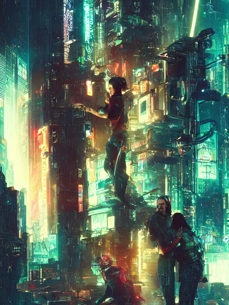 Image similar to a cyberpunk 2077 srcreenshot couple portrait of Keanu Reeves and a female android final kissed in night city,love,film lighting,by Lawrence Alma-Tadema,Andrei Riabovitchev,Laurie Greasley,Dan Mumford,John Wick,Speed,Replicas,artstation,deviantart,FAN ART,full of color,Digital painting,face enhance,highly detailed,8K,octane,golden ratio,cinematic lighting