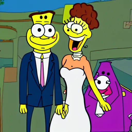 Image similar to a beautiful scrinshort of wedding couple in style of spongebob squarepants cartoon, coherent symmetrical faces