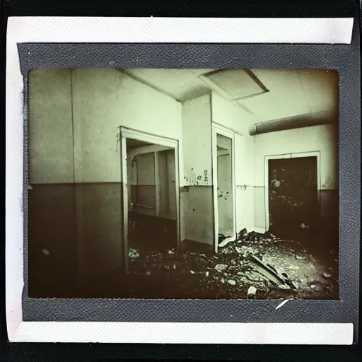 Image similar to polaroid photo of abandoned asylum with ghosts, scary, moody, dark, gloomy, paranoid