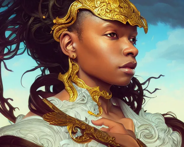 Image similar to photography of kehinde wiley, deep focus, d & d, fantasy, intricate, elegant, highly detailed, digital painting, artstation, concept art, matte, sharp focus, illustration, hearthstone, art by artgerm and greg rutkowski and alphonse mucha