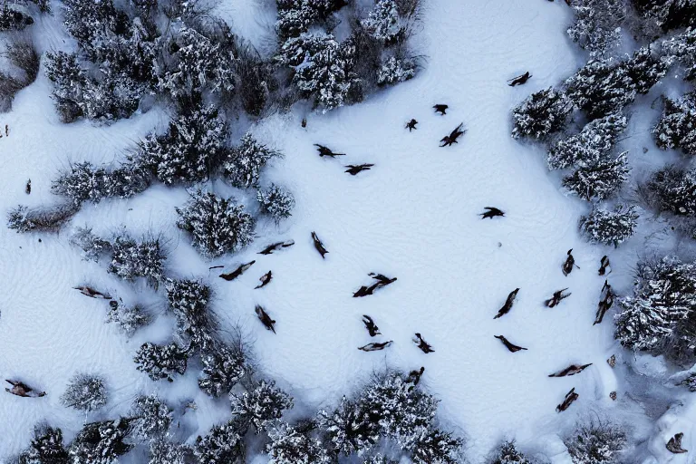 Image similar to taking from above, snow - covered beach, and lots of wolves there. high detail, photorealistic, good lighting, unbelievable.