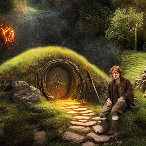 Image similar to frodo baggins in the shire surrounded by hobbit holes In the style of moebius, detailed 4k photograph, HDR, very detailed