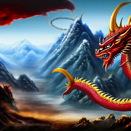 Prompt: Chinese president, bananas weapon, battle the dragon, centered, highly detailed, mountains, epic composition, background, fantasy art, 8k