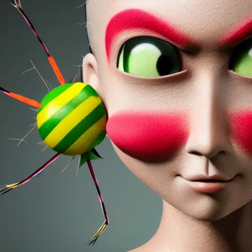 Prompt: light pink mosquito with a long pointy red nose, a green mohawk and green eyebrows wearing a yellow and orange striped t - shirt, cartoon
