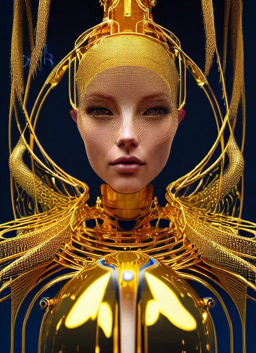 Image similar to blueprints for an absurdly beautiful, graceful, sophisticated, fashionable futuristic female golden robot, hyperdetailed illustration by irakli nadar and alexandre ferra, intricate linework, faberge, intricate gold headdress, dark atmosphere, unreal engine 5 highly rendered, global illumination, radiant light, detailed and intricate environment
