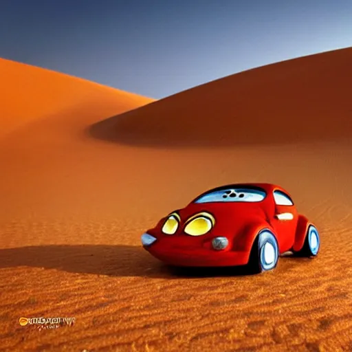 Image similar to a ladybug car driving through the sahara desert, bold natural colors, national geographic photography, masterpiece, full shot