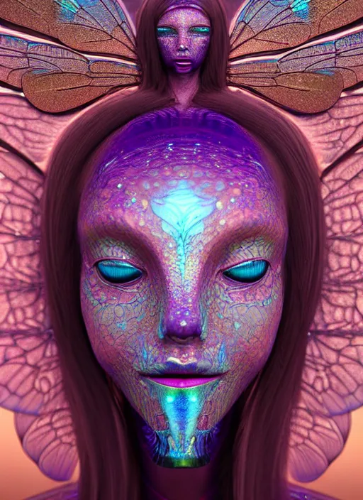 Prompt: 3 d goddess medium shot profile portrait. beautiful intricate highly detailed mask made entirely of bubbles. dragonfly wings, optical mineralogy, chitin, oil on water, reflections, refractions, artwork by android jones, tooth wu and wlop and beeple and moebius, rendered by frostbite 3