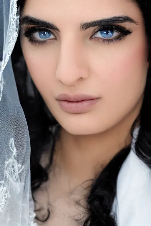 Prompt: Ameera al-Taweel, blue eyes, long wavy black hair, white veil, closeup, focus face