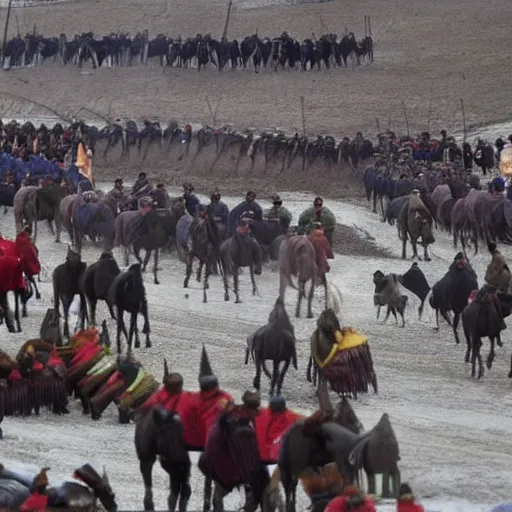 Image similar to a russian town getting pillaged by mongols on horses