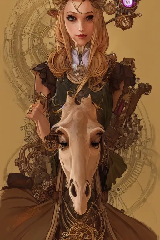 Image similar to anthropomorphic giraffe as steampunk princess, blonde hair, high fantasy, dnd, smooth, sharp focus, illustration, highly detailed, digital painting, artstation, concept art, by disney animation, rossdraws, alphonse mucha, frank fanzzeta, collectible card art