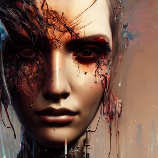 Prompt: sexy beautiful woman head made of mech mask rendered in unreal engine, movie shot from the witcher, cyberpunk universum, dark scifi, painted by carne griffiths and beksinski