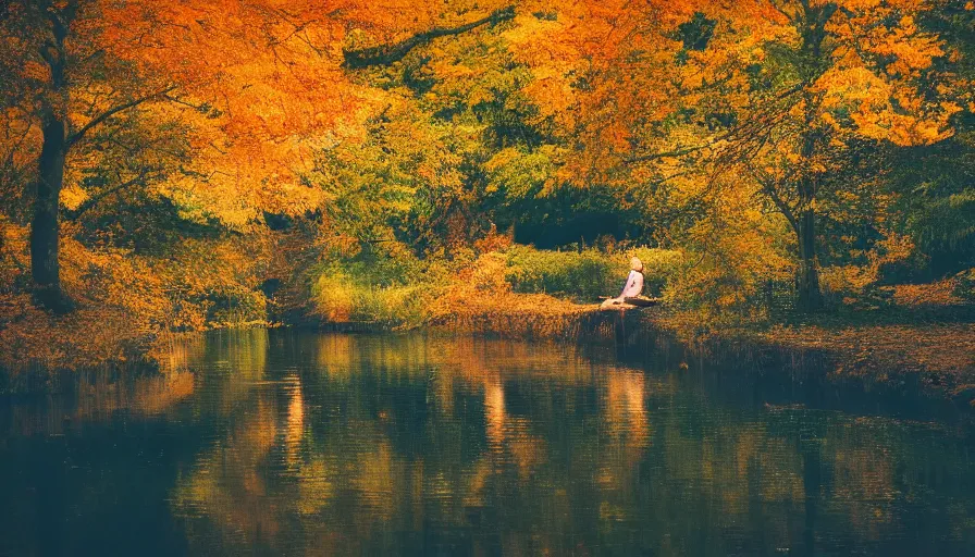 Prompt: a beautiful woman turning into a peaceful river, it's autumn and a gentle breeze is moving leaves around, cinematic lighting, establishing shot, art station