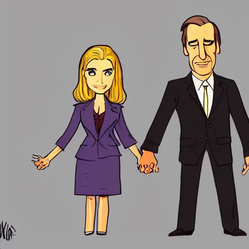 Image similar to kim wexler and saul goodman, cartoon concept art, trending on artstation, high quality