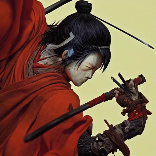 Image similar to prompt : sekiro soft light painted by james jean and katsuhiro otomo and erik jones, inspired by akira anime, smooth face feature, intricate oil painting, high detail illustration, sharp high detail, manga and anime 1 9 9 9