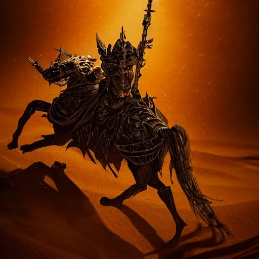 Image similar to the king in the desert dead on the ground, blood on sand, fighting in a dark scene, detailed scene, killed in war, Armour and fallen Crown, highly detailed, blood and dust in the air, action scene, cinematic lighting, dramatic lighting, trending on artstation, elegant, intricate, character design, motion and action and tragedy, fantasy, D&D, highly detailed, digital painting, concept art