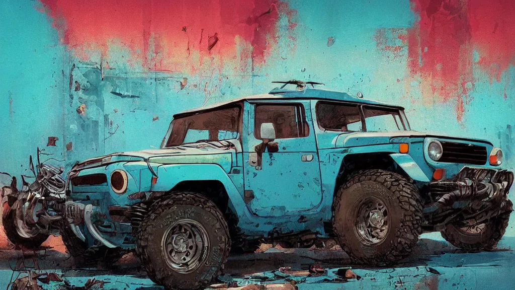 Image similar to digital illustration of a futuristic faded cyan mad max's fj 4 0 decrepit!!!! pursuit special, rusty!!! cyberpunk nissan fj cruiser heavily modded 1 9 9 0 s, the last v 8 interceptor by makoto shinkai, ilya kuvshinov, lois van baarle, rossdraws, basquiat