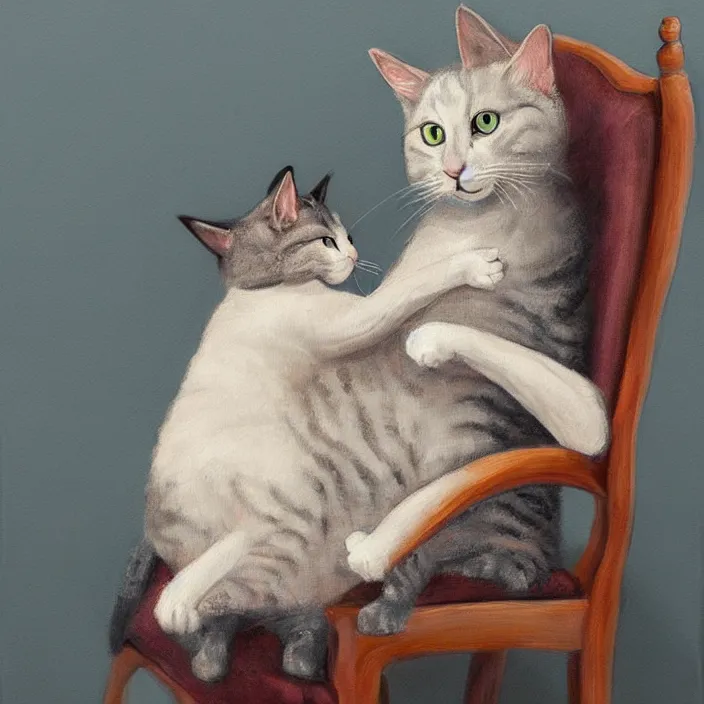 Prompt: a highly detailed painting of an animorphism cat sitting in chair petting a small bald human on his lap, 8k, trending on artstation