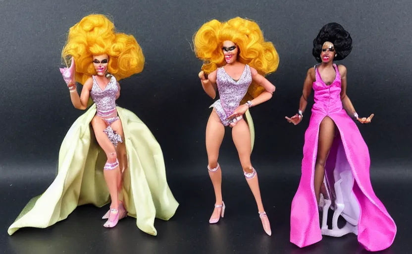 Image similar to realistic miniature rupaul's drag race drag queen figurines