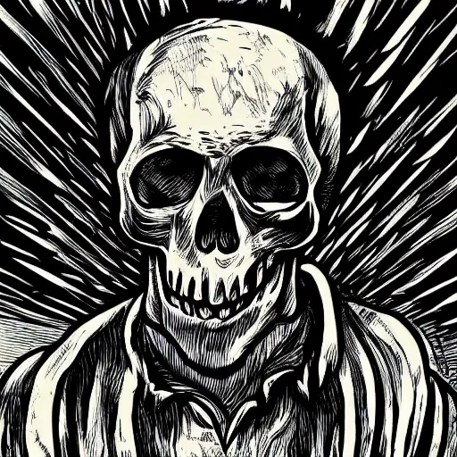 Image similar to a person with a mushroom cloud instead of a head, skull explosion, dark, fine detail heavy metal gritty style