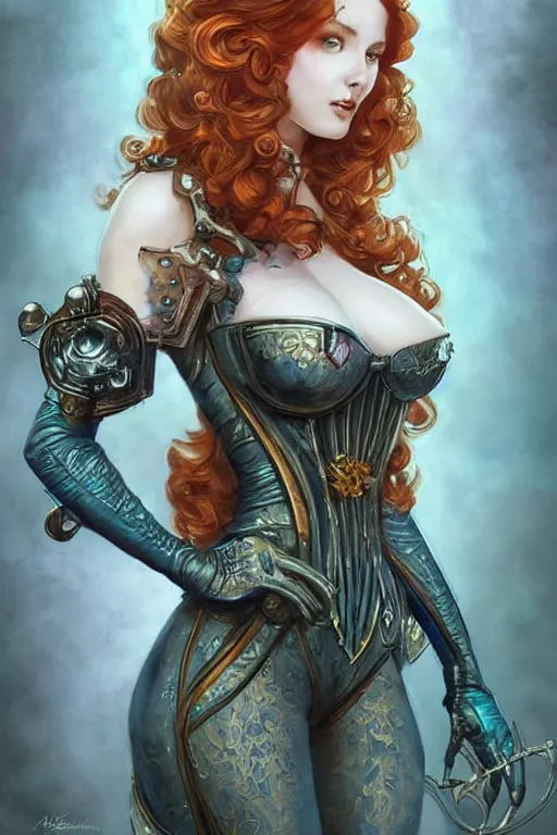 Image similar to three quarters portrait of a beautiful Lady Mechanika, very beautiful young woman, ginger wavy hair, Victorian-era push-up underwire. Intricate, D&D!, fantasy style, sharp focus!, ultra detailed, art by Artgerm and Peter Andrew Jones