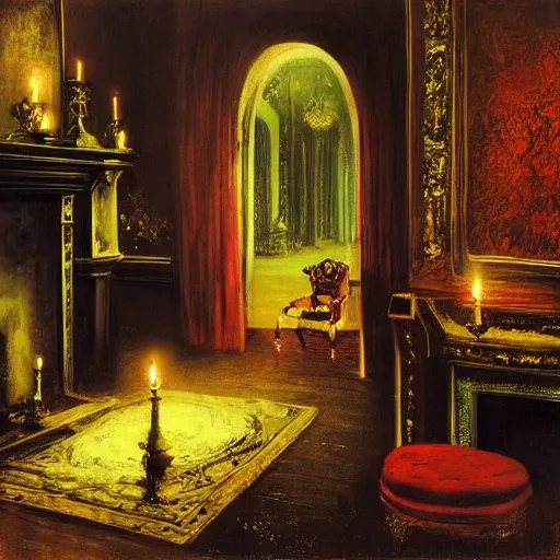 Image similar to grimshaw painting, vampire, candles, mansion, dim room, fireplace, gothic.