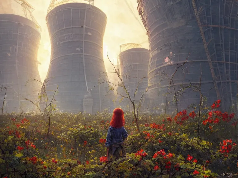 Image similar to red hair girl, chernobyl powerplant!!!, rubble!, ruins!!, flowers, vines, hyperrealistic, highly detailed, cinematic, single ray of golden sunlight, beautiful, cgssociety, artstation, 8 k, oil painting by greg rutkowski, by artgerm, by wlop