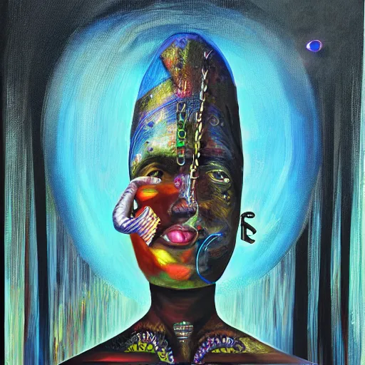 Image similar to afrofuturistic techno - mage, dark fantasy, occult, year 2 1 0 0, high - quality surrealist painting