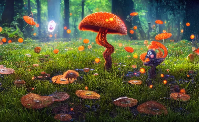 Prompt: foxfire fungi, fireflies, expressive eyes, floating, rbc, radiolaria, protophyta, micro - organisms, center frame, symmetric, rim light, marine microbiology, bioluminescence, electric, fur, soft, concept art, intricate details, highly detailed, colorful, photorealistic, disney pixar, octane render