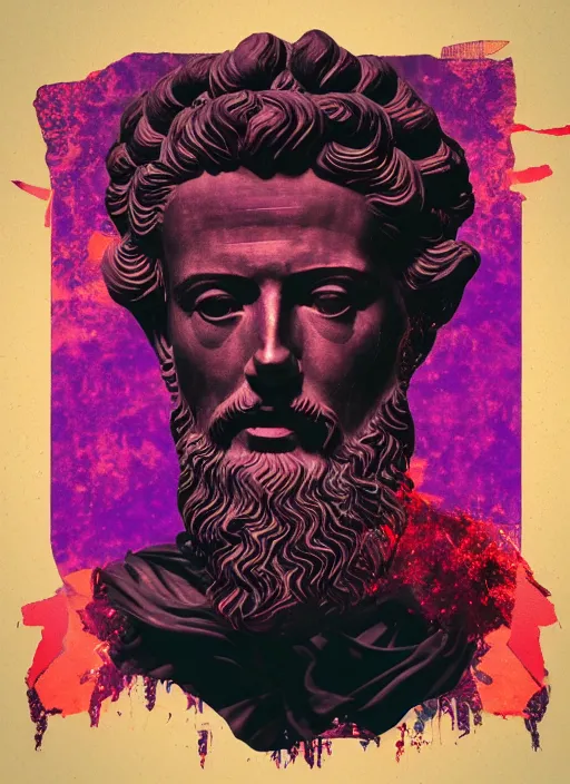 Prompt: black background with very subtle red and purple design elements, statue of marcus aurelius, powerful, nekro, graphic design, collage art, thin lines, dark, glitch art, neo vaporwave, gritty, layout frame, square, trending on artstation