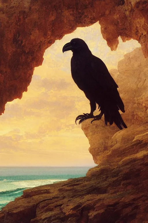 Image similar to a breathtakingly stunningly beautifully highly detailed extreme close up portrait of a raven under a rock arch, epic coves crashing waves plants, beautiful clear harmonious composition, dynamically shot, wonderful strikingly beautiful serene sunset, detailed organic textures, by frederic leighton and rosetti and turner and eugene von guerard, 4 k