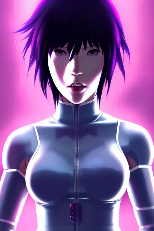 Image similar to a still fullbody portrait of motoko kusanagi ghost in the shell, finely detailed features, closeup at the faces, perfect art, at a cyberpunk city, gapmoe yandere grimdark, trending on pixiv fanbox, by ilya kuvshinov, rossdraws, artgerm