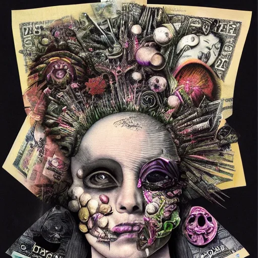 Prompt: post - punk new age album cover, asymmetrical design, dollar bank notes, capitalism, magic, apocalypse, psychedelic, black white pink, highly detailed, magic, giger h. r., giuseppe arcimboldo