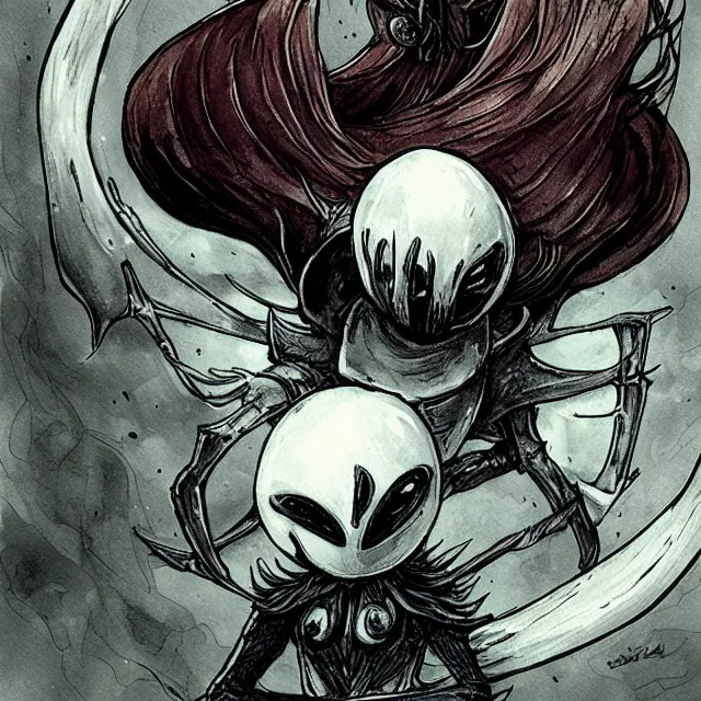 Image similar to elden ring charcter in the style of hollow knight