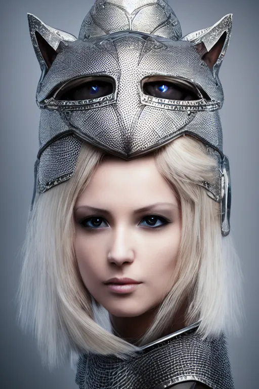 Image similar to female knight wearing a real cat on her head, armor designed by wayne barlowe, swarovski and tiffany, blonde hair, symmetry, sci - fi, cinematic, elegant, luxury, perfect light, perfect composition, dlsr photography, sharp focus, dark fantasy, 4 k, ultra hd, sense of awe, highly detailed, realistic, intricate