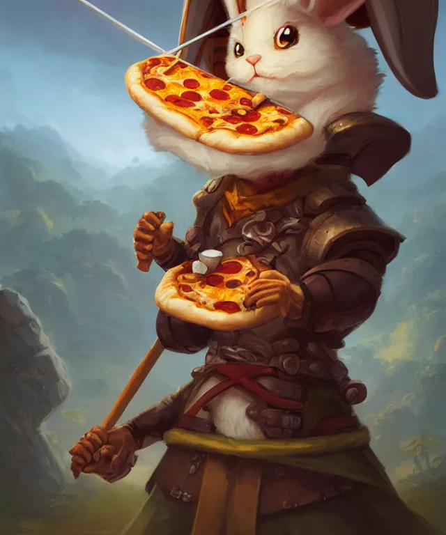 Image similar to a portrait an anthropomorphic rabbit samurai eating pizza, landscape in background, cute and adorable, dnd character art portrait, well rendered matte fantasy painting, deviantart artstation, by jason felix by steve argyle by tyler jacobson by peter mohrbacher, cinematic lighting