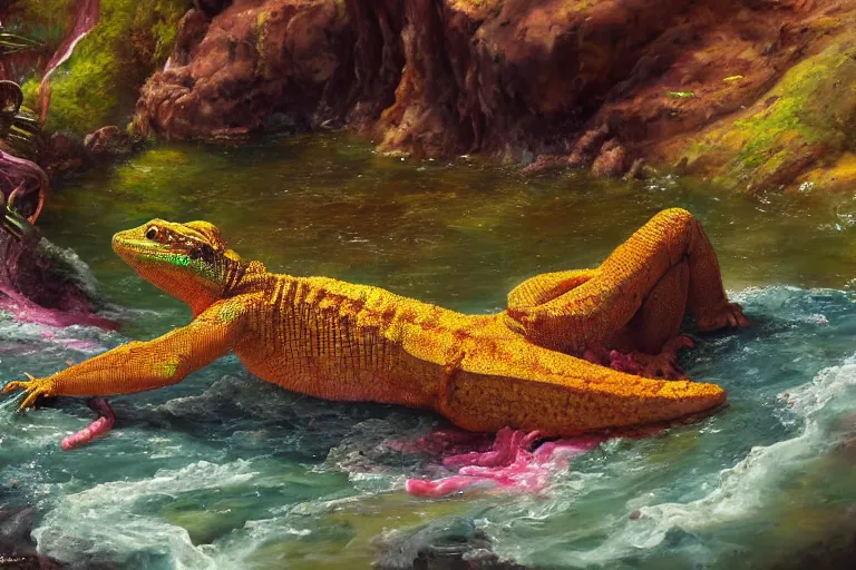 Image similar to highly detailed oil painting of a lizard man sitting in a steaming colorful hotspring stream, featured on artstation