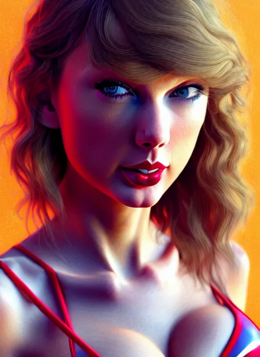 Image similar to 3 / 4 view of a portrait of taylor swift wears compact alluring bikini, evangelion, au naturel, hyper detailed, digital art, trending in artstation, cinematic lighting, studio quality, frostbite 3 engine rendered, octane render, art style by klimt and nixeu and ian sprigger and wlop and krenz cushart