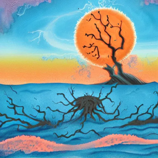 Image similar to nightmare monster emerging from sea surface, but monster is dendritic, thunderstorm in background, color