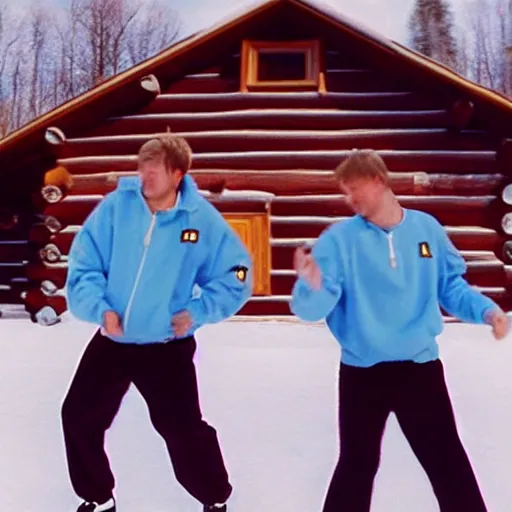 Prompt: two Finnish men dancing awkwardly wearing ugly 1990s tracksuits in front of Finnish log cabin, late 1990s VHS music video