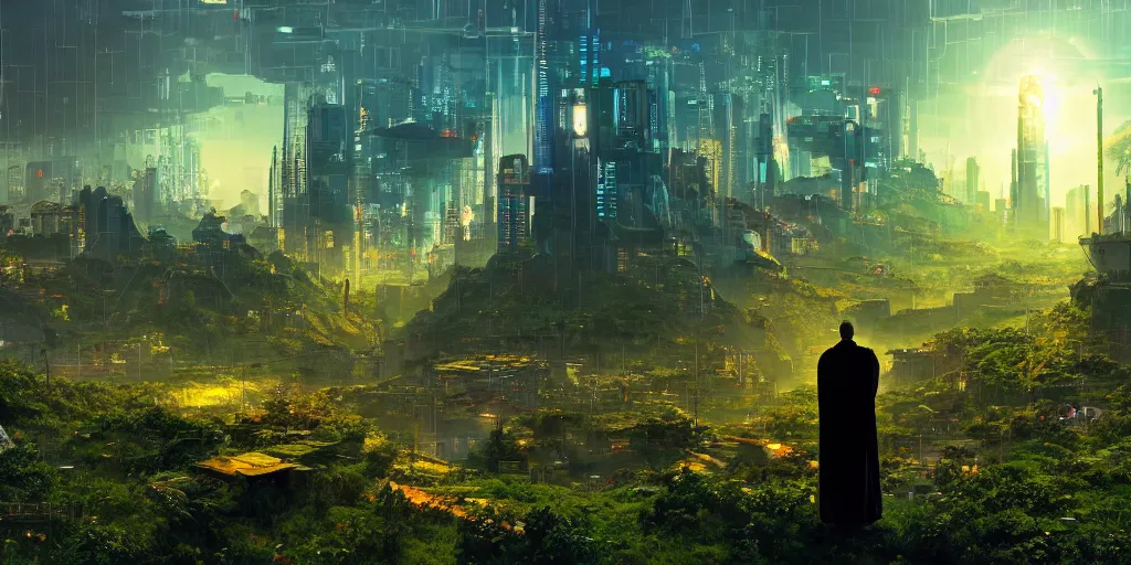 Prompt: a cinematic composition depicting : a computer run cyberpunk civilization encroaching on a solarpunk world, on top of the mountain a monk is in a lotus pose overlooking a hopeful and lush foresty solarpunk valley at sunrise