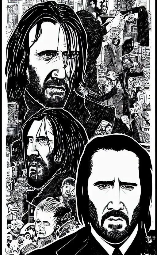 Prompt: mcbess illustration of nicolas cage as john wick in the rain, detailed, 4k