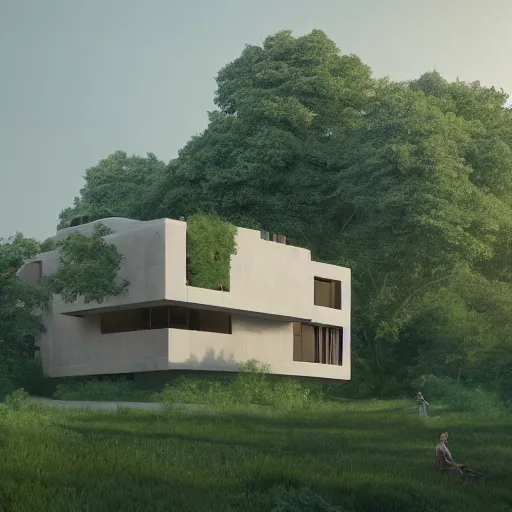 Image similar to modernist beige house built like a rectangular stadium with garden in the middle, on a hill surrounded by big trees, dramatic lighting, artstation, realistic rendering, unreal engine, octane render, raphael lacoste, simon stalenhag, frank lloyd wright, drone view