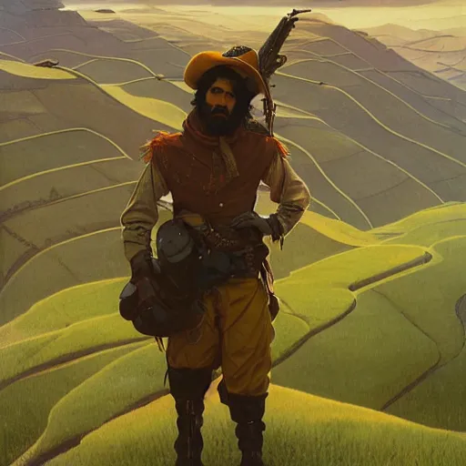 Image similar to cyberpunk afghan cowboy outrider standing atop a ridge, viewing rolling hills covered in rice terraces. c. leyendecker, simon stalenhag, studio ghibli, barlowe, audobon and beksinski