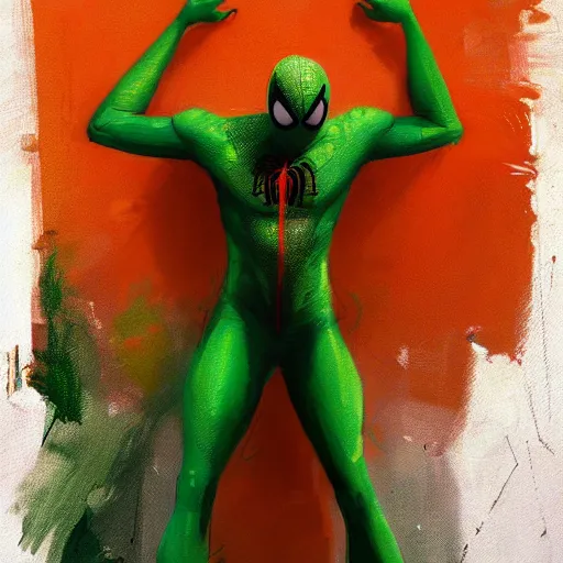 Prompt: an orange and green spiderman by greg rutkowski