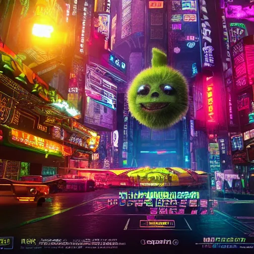 Image similar to high quality 3 d render cyberpunk very tennis ball monster highly detailed, unreal engine cinematic smooth, in the style of blade runner & detective pikachu, hannah yata charlie immer, purple light, low angle, uhd 8 k, sharp focus, illustrated by basil gogos