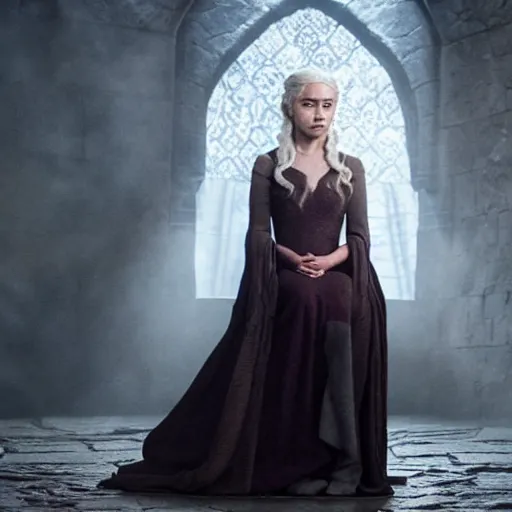 Image similar to Daenerys the Stormborn spells in the Hogwarts transfiguration room, film still