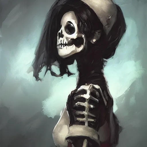 Image similar to portrait of a very cute undead skeleton girl in team fortress 2 style, tragic, elegant, fantasy, hd shot, digital portrait, beautiful, artstation, comic style, by artgerm, guy denning, jakub rozalski, magali villeneuve and charlie bowater