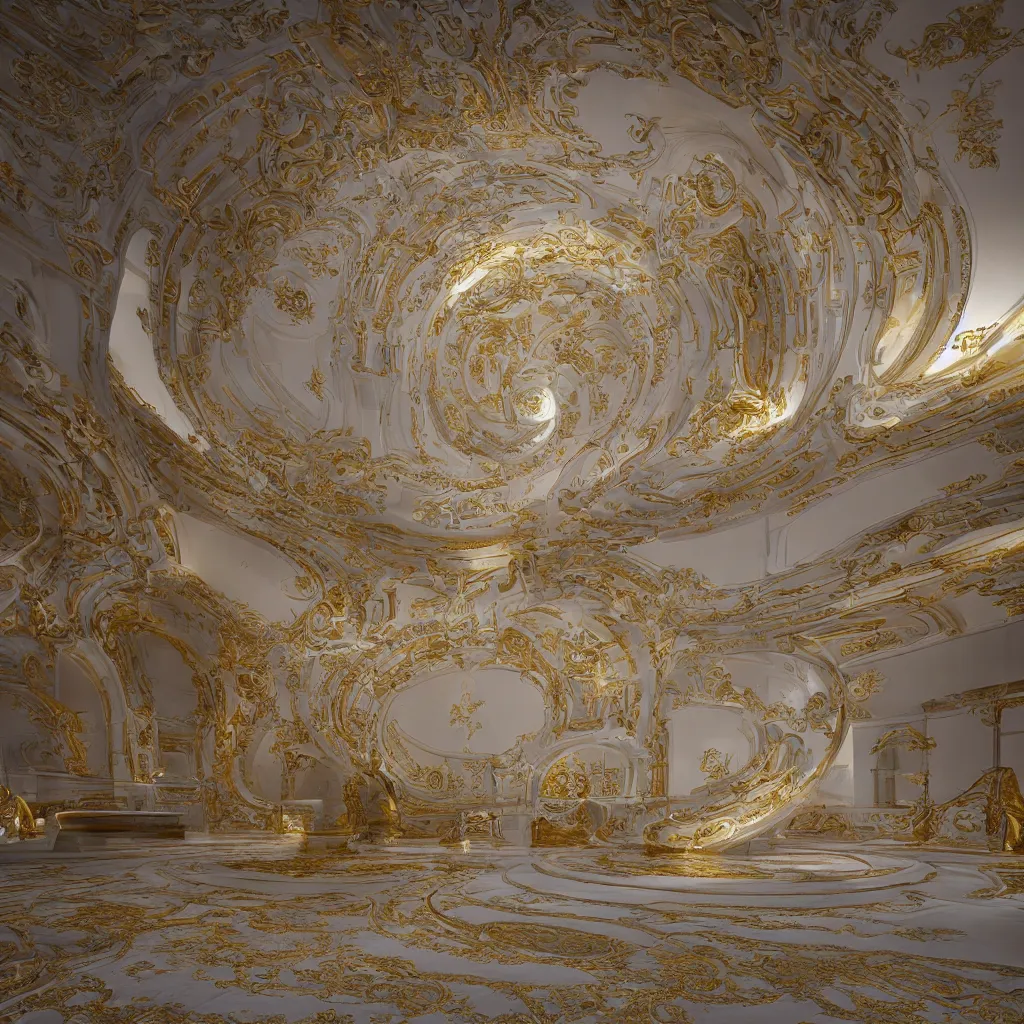 Image similar to an incredibly smooth curvilinear neo baroque interior architectural sculpture, a golden pool on the ground is envelope by folding white surfaces, blue light, visually satisfying architecture render