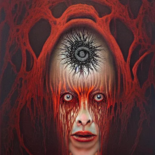 Image similar to dramatic portrait painting of woman with large crying eyes with black mandelbrot fractal instead of face, in style of zdzisław beksinski, horror, body horror, dark, disturbing,